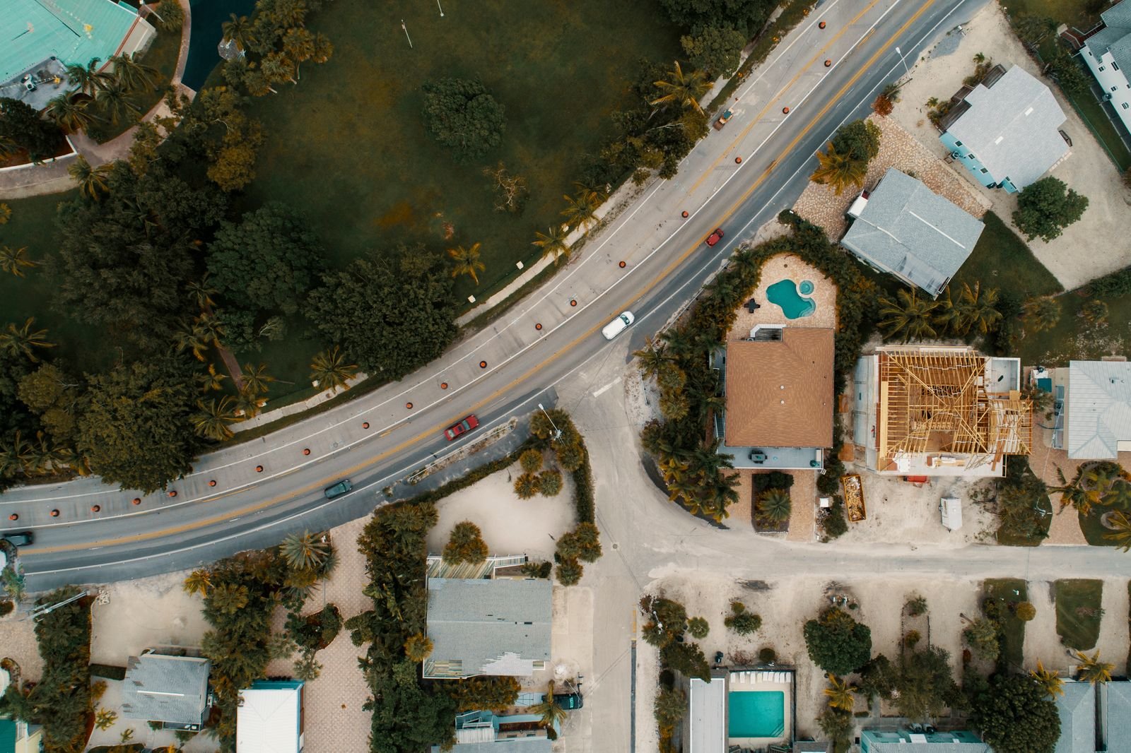 Aerial view of a suburban neighbourhood with houses and streets
